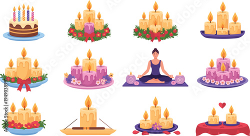 Decorative candle arrangements vector set birthday cake candles spa relaxation meditation romantic decor illustration collection isolated background