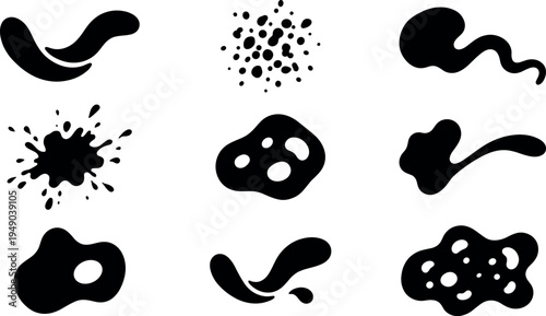 Black Organic Abstract Blob Silhouette Shapes Set, Fluid Liquid Splatter Ink Stain Elements for Modern Graphic Design Layouts and Creative Minimalist Vector Illustrations