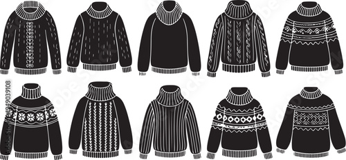Collection of various black and white knitted sweaters illustration