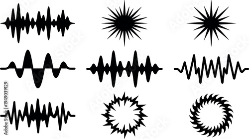Black Vector Sound Wave Silhouette Set with Digital Music Frequencies Audio Signal Pulses Radial Starburst Icons and Geometric Shapes Isolated on White Background