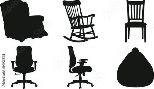 Furniture Chair Silhouette Vector Set Featuring Office Desk Chair Rocking Chair Recliner Bean Bag and Dining Chair Isolated on a White Background