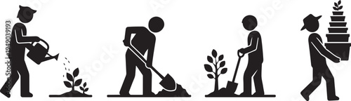 Gardening and Landscaping Vector Icon Set with People Planting Trees, Watering Plants, Digging Soil, and Carrying Flower Pots, Flat Black Silhouettes for Horticulture and Farming Design Work.