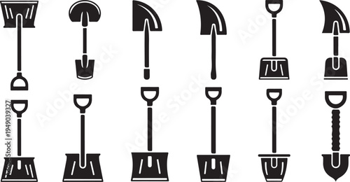 Collection of various shovels and digging tools icons set