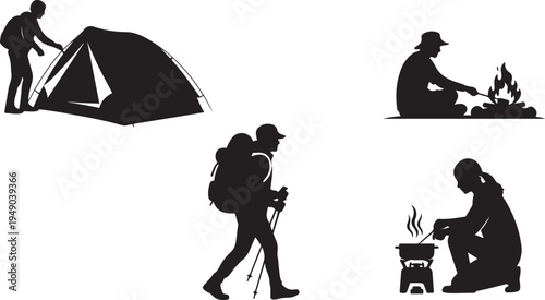 Camping and Hiking Silhouette Vector Set: Black Isolated Icons of Backpacking, Setting Up Tent, Roasting Marshmallows over Campfire, and Outdoor Cooking for Adventure, Trekking, and Nature Projects.