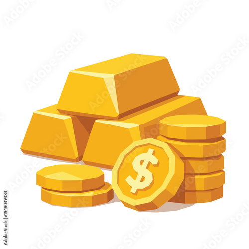 Stack of gold bars and dollar coins vector illustration isolated on white background. Precious metal bullion and money symbol representing wealth, financial investment, banking, trading, and economic 