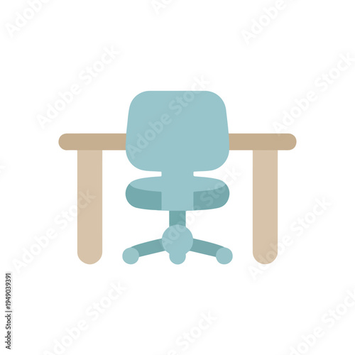 A minimalist flat-design illustration shows a light blue office chair with wheels tucked under a simple light brown desk, set against a white background.