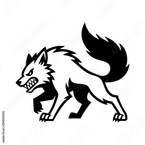 Logotipo con un dibujo sencillo con líneas de un lobo de pie enojado, enseñando los colmillos 