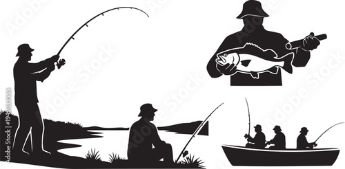 Fishing Silhouette Set Featuring Fisherman Holding Big Fish, Angler Casting Rod on Lake Shore, Man Fishing from Boat, and Recreational Outdoor Summer Activities Vector Illustration for Sport Designs.