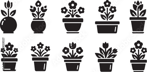 Black Silhouette Flower Pot Icons on White Background Set