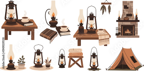 Vintage camping lantern and cozy cabin interior vector set rustic outdoor equipment fireplace tent illustration collection isolated background