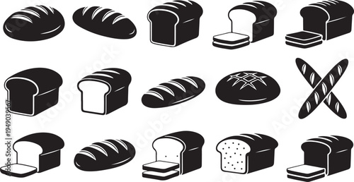 Various types of bread icons in black and white