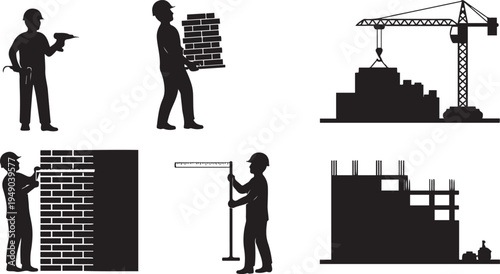Construction Worker Silhouette Set with Builder Carrying Bricks, Mason Laying Wall, Surveyor with Leveling Rod, Crane at Building Site and Musician Guitarist Character, Industrial and Music Vectors.