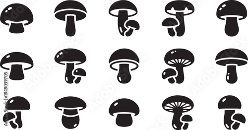 Collection of various black mushroom icons on white background