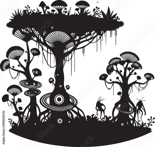 Alien forest vector silhouette illustration for fantasy landscape
