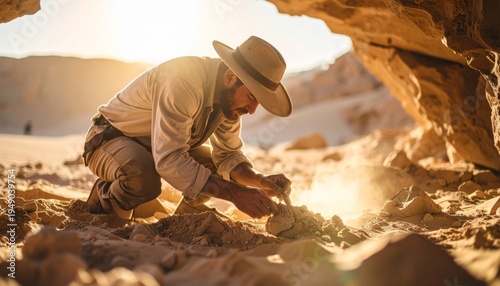 Intrepid Archaeologist Unearthing Secrets in a Sun-Drenched Desert Cave