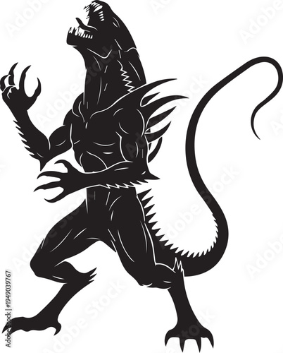 Alien monster silhouette vector illustration with sharp claws and long tail for fantasy art