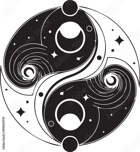 Cosmic yin yang vector silhouette illustration, celestial balance line art symbol