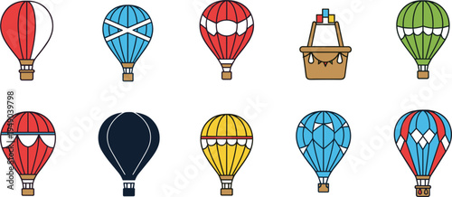Hot air balloon icons vector set colorful flying balloons with basket simple travel aviation illustration collection isolated background