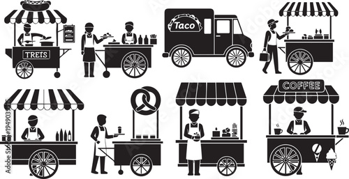 Street Food Vendor Icons Set: Flat Vector Illustrations of Food Trucks, Coffee Carts, Taco Van, Pretzel Stand, and Ice Cream Kiosk with Sellers. Minimalist Black and White EPS Graphics for Commercial.