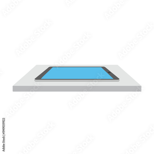 A minimalist vector graphic depicts a dark gray tablet with a bright blue screen, lying flat on a light gray rectangular surface against a white background.