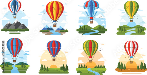 Hot air balloon landscape vector set colorful balloons flying over mountains rivers forests sunrise travel adventure illustration collection isolated background