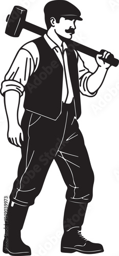 Vintage silhouette of a working man from the 1800s, dressed in a cap and vest, carrying a large hammer over his shoulder.