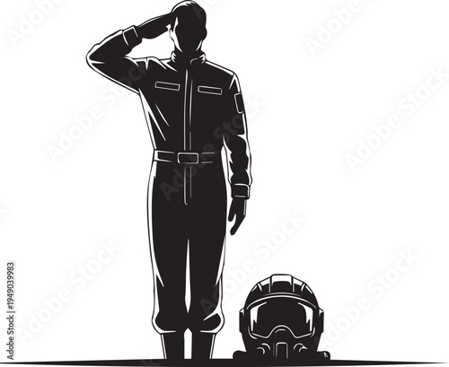 Military pilot saluting vector silhouette illustration standing near flight helmet gear set