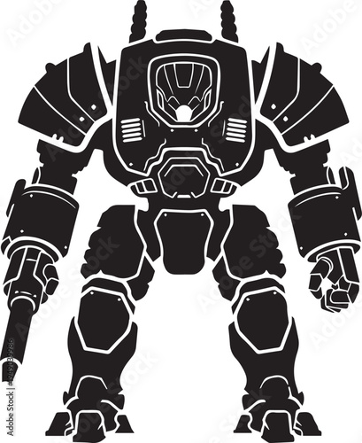 Robot mech silhouette vector illustration standing in heavy armor with cannon arm weapon