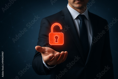 Business professional presenting glowing digital unlocked red padlock representing security access risk vulnerability and cyber issues