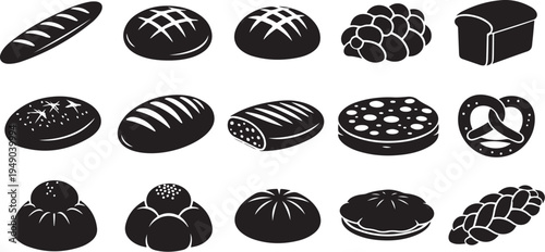 Variety of bread icons in black and white illustration