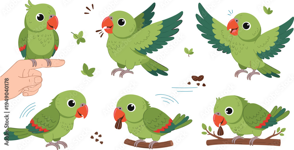 Obraz premium Cute cartoon parrot vector set green tropical birds eating seeds flying sitting on branch friendly pet bird illustration collection isolated background