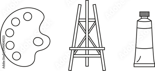 Set of minimalist line art icons depicting art supplies featuring a palette easel and paint tube ideal for creative projects and educational design