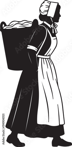 Black silhouette of a woman in 1800s fashion, wearing a bonnet and apron, carrying a large basket on her back, depicted in profile.