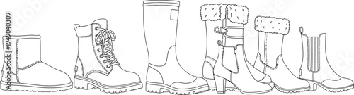 A diverse collection of womens boots featuring various styles for winter and autumn presented as a minimalist outline vector illustration on white