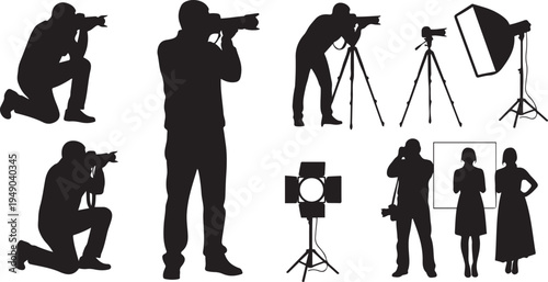 Professional Photographer Silhouettes Set; Male and Female Camera Operators with Studio Lighting Equipment, Tripods, and Models, Isolated Vector Illustration for Media and Photography Industry.