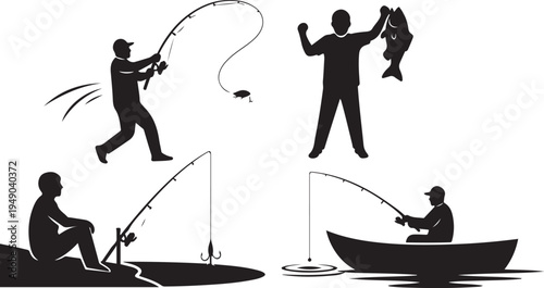 Fishing Silhouette Set Vector Illustration: Fisherman Casting Rod, Catching Large Fish, Sitting on Shore, and Fishing from a Boat. Outdoor Summer Hobby and Sport Activity Icons Isolated on White.