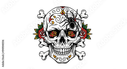 Day of the Dead Skull with Spider and Roses, Tattoo Style