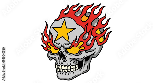 Flaming Skull with Star - Tattoo Style Illustration