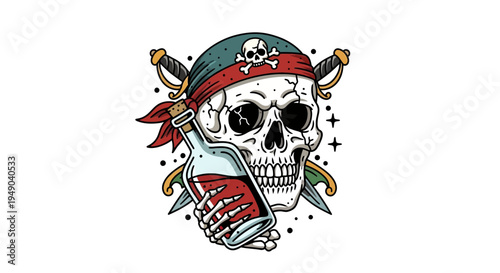 Pirate Skull with Rum Bottle and Crossed Swords Illustration