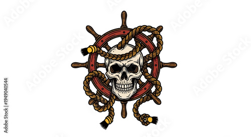 Pirate Skull with Ship Wheel and Rope Illustration