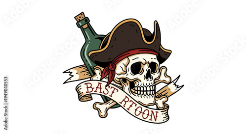 Pirate Skull Bottle Ribbon Tattoo Style