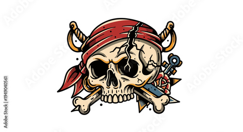 Pirate Skull Crossbones Scars Red Bandana Swords Roses Tattoo Style