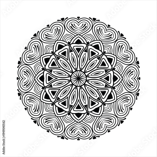 intricate black and white mandala featuring a border of nested heart shapes and geometric petals. Ideal for coloring, wedding decor, and tattoos.
