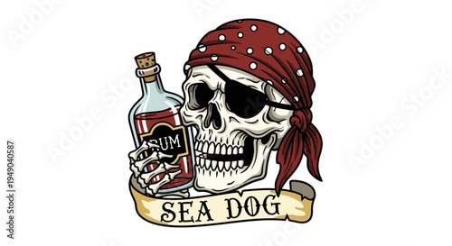 Pirate Skull with Rum Bottle and "Sea Dog" Banner