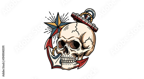 Skull anchor and star tattoo design