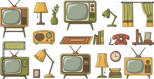 Retro vintage home interior objects vector set old television radio telephone lamp furniture illustration collection isolated background
