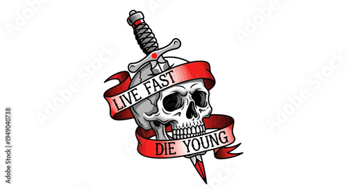 Skull with dagger and ribbon tattoo design, live fast die young.