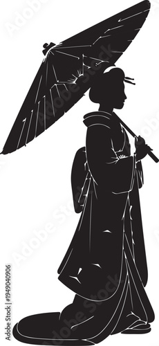 A graceful silhouette of a Japanese geisha or maiko in traditional kimono and elaborate hairstyle, holding an open umbrella.