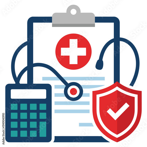 Medical insurance clipboard calculator stethoscope shield icons