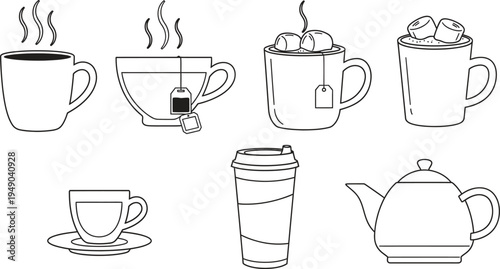 Collection of hot beverage cups and a teapot simple line art vector icons in black and white outline ideal for cafe menus web design or hospitality branding